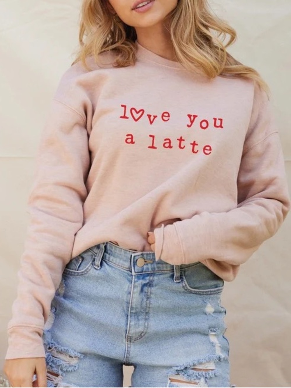 Oat Collection “Love You A Latte” Pink Crewneck Sweater with Red Script